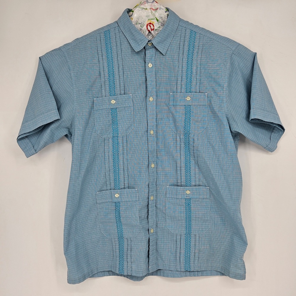 Howler Bros Guayabera Mens XL Blue Elegant Pleats Short Sleeve Button Up Check